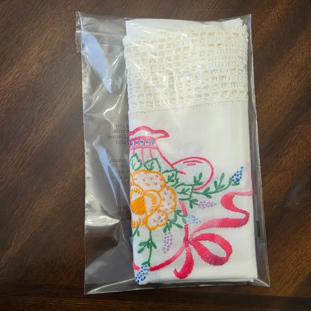 Vintage Floral Basket Embroidered Dresser Scarf Linen Runner Double Sided 32